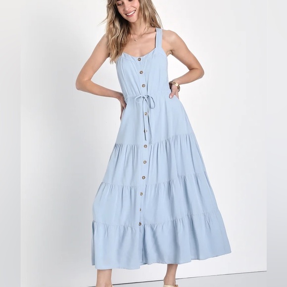 Lulus See the City Light Blue Button-Front Tiered Midi Dress - Picture 2 of 7